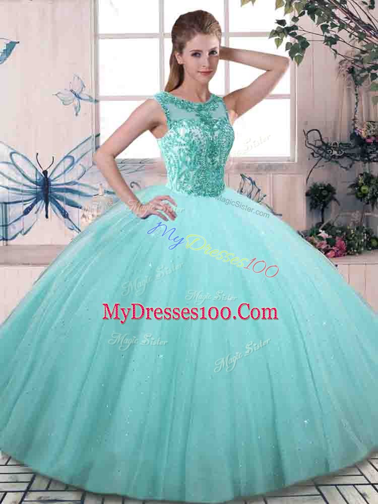 Decent Scoop Sleeveless Tulle 15 Quinceanera Dress Beading Lace Up