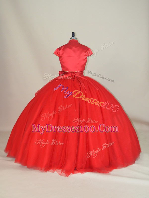 Elegant Tulle Sweetheart Sleeveless Lace Up Beading and Bowknot Ball Gown Prom Dress in Red