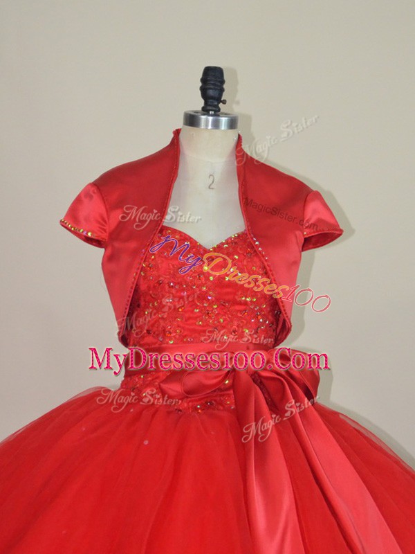 Elegant Tulle Sweetheart Sleeveless Lace Up Beading and Bowknot Ball Gown Prom Dress in Red
