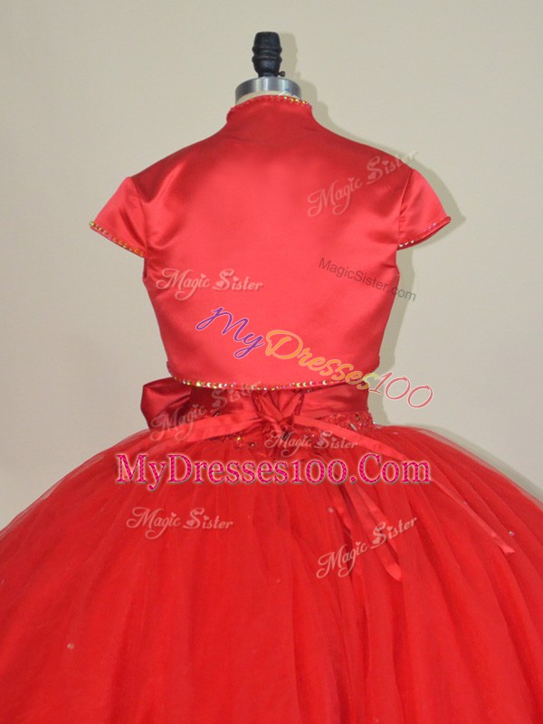 Elegant Tulle Sweetheart Sleeveless Lace Up Beading and Bowknot Ball Gown Prom Dress in Red
