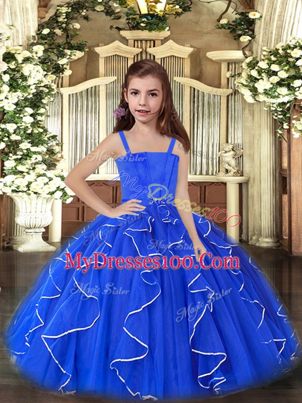 Dazzling Royal Blue Straps Lace Up Ruffles Winning Pageant Gowns Sleeveless