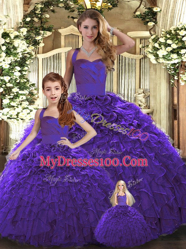 Ball Gowns Quince Ball Gowns Purple Halter Top Organza Sleeveless Floor Length Lace Up