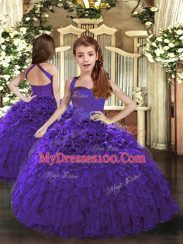 Ball Gowns Quince Ball Gowns Purple Halter Top Organza Sleeveless Floor Length Lace Up