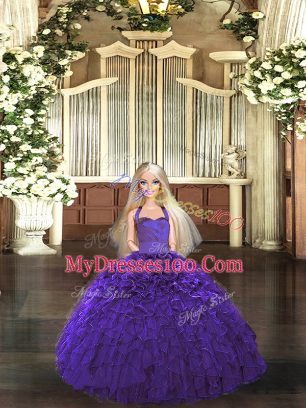 Ball Gowns Quince Ball Gowns Purple Halter Top Organza Sleeveless Floor Length Lace Up