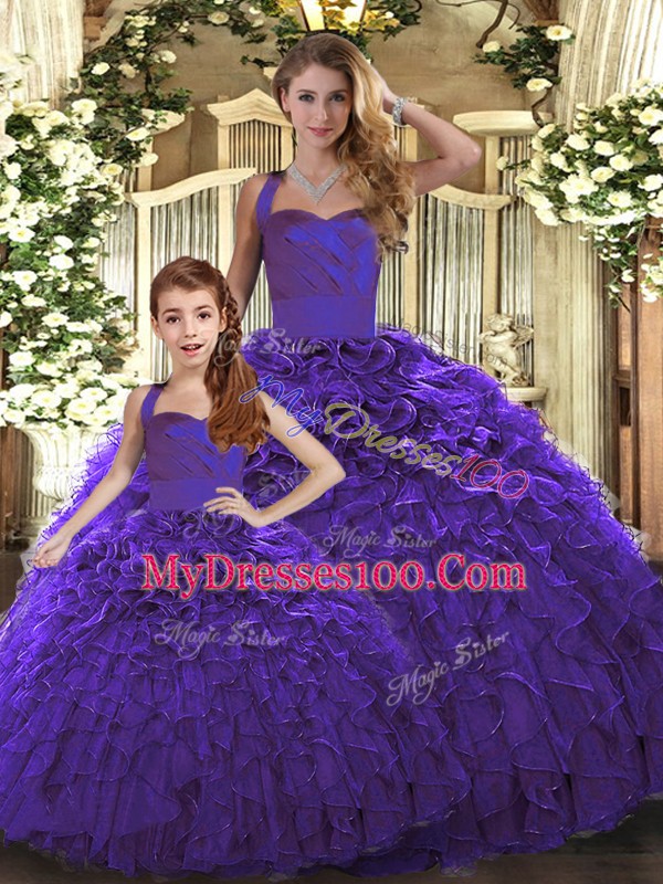 Ball Gowns Quince Ball Gowns Purple Halter Top Organza Sleeveless Floor Length Lace Up