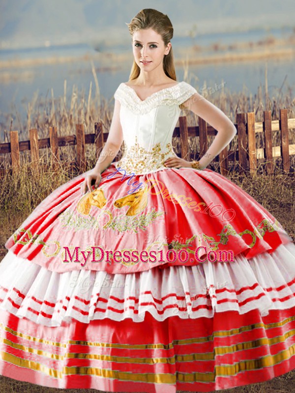 V-neck Sleeveless Satin 15 Quinceanera Dress Embroidery and Ruffled Layers Lace Up