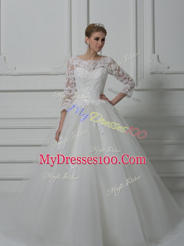 Lace Up Wedding Gowns White for Wedding Party with Beading and Lace Brush Train