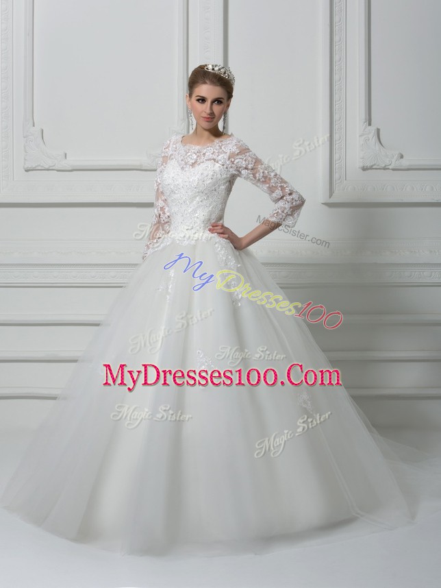 Lace Up Wedding Gowns White for Wedding Party with Beading and Lace Brush Train