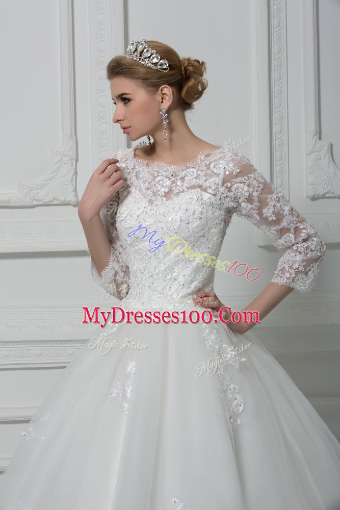 Lace Up Wedding Gowns White for Wedding Party with Beading and Lace Brush Train