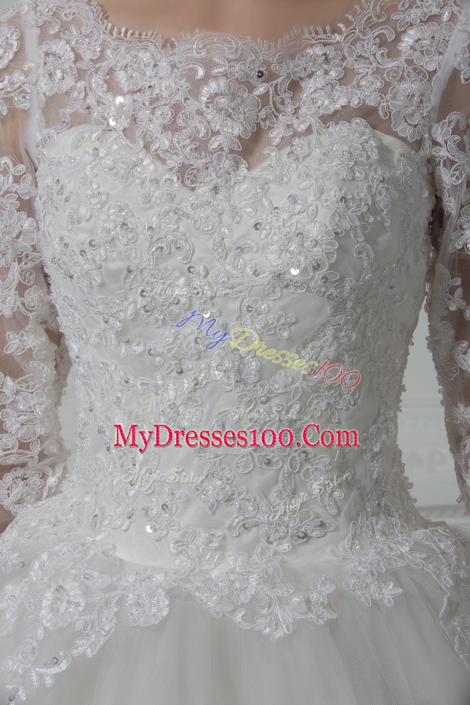 Lace Up Wedding Gowns White for Wedding Party with Beading and Lace Brush Train