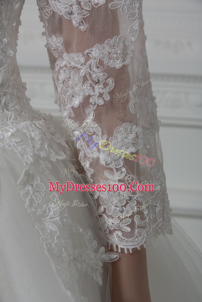 Lace Up Wedding Gowns White for Wedding Party with Beading and Lace Brush Train