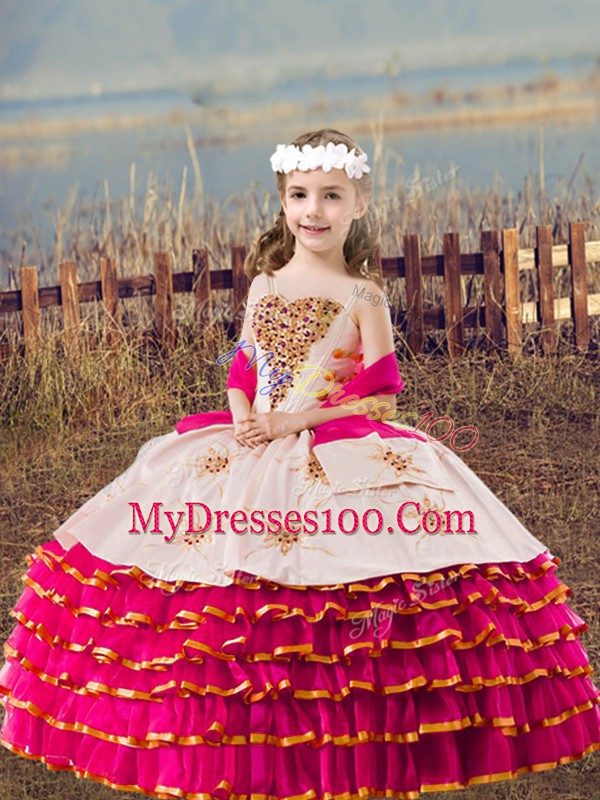 Fuchsia Sleeveless Organza Lace Up Little Girls Pageant Gowns for Wedding Party