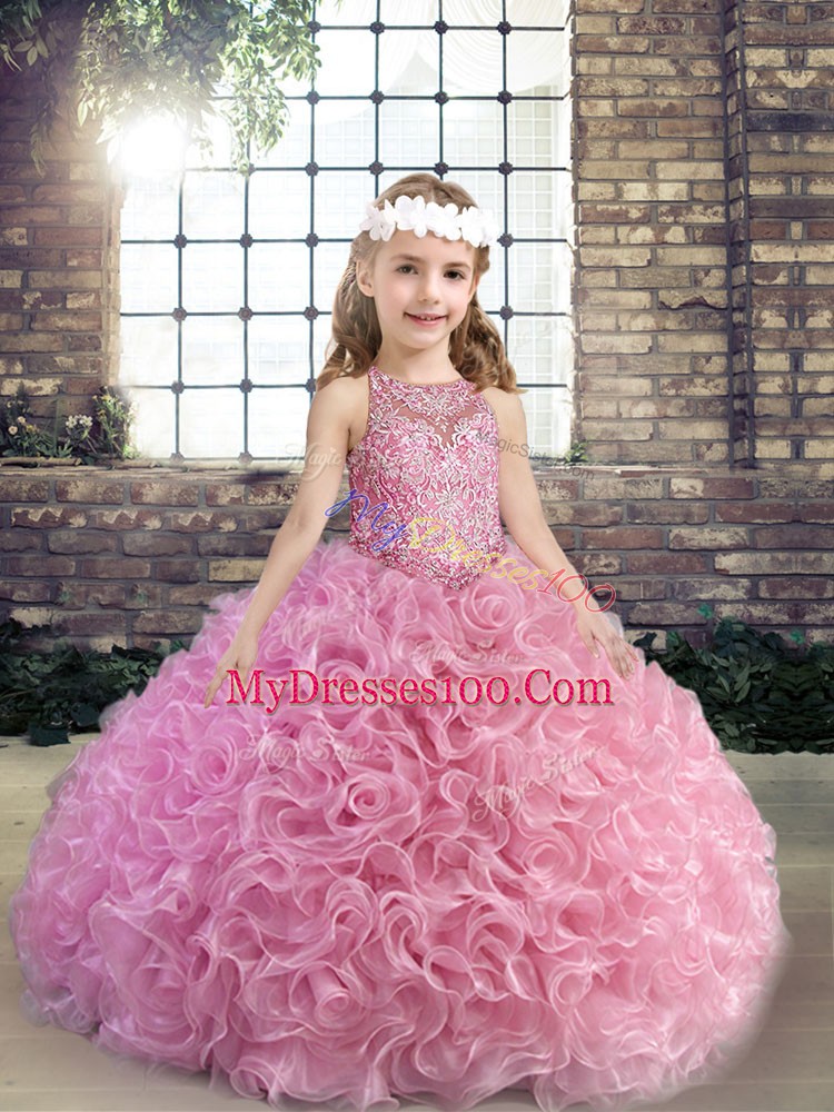 Enchanting Floor Length Pink Little Girl Pageant Gowns Fabric With Rolling Flowers Sleeveless Beading