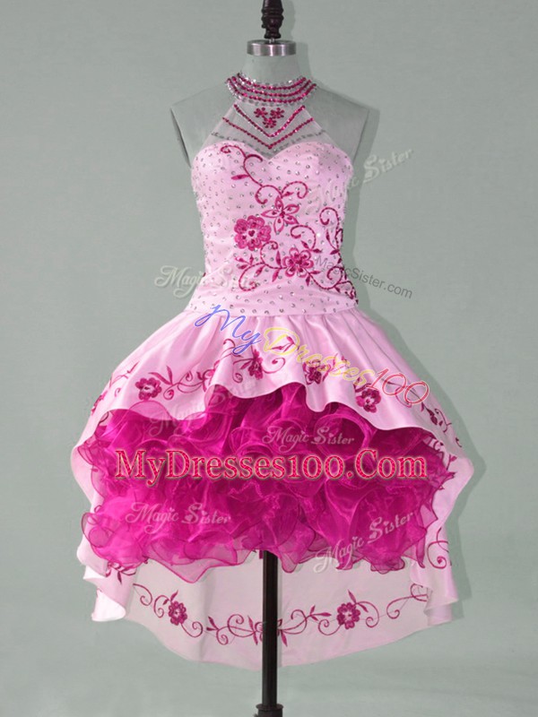 Cute Pink Sleeveless Embroidery and Ruffles High Low Prom Evening Gown