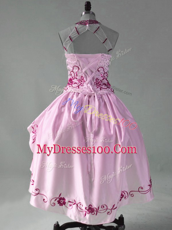 Cute Pink Sleeveless Embroidery and Ruffles High Low Prom Evening Gown