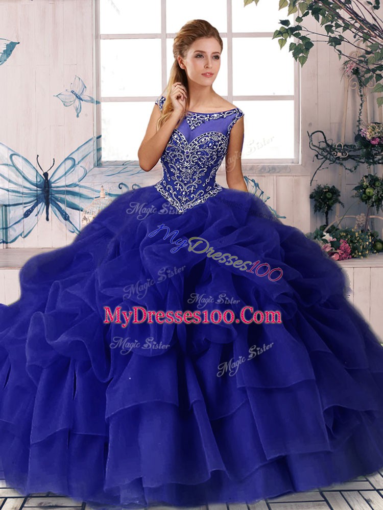 Purple Sweet 16 Dress Scoop Sleeveless Brush Train Zipper