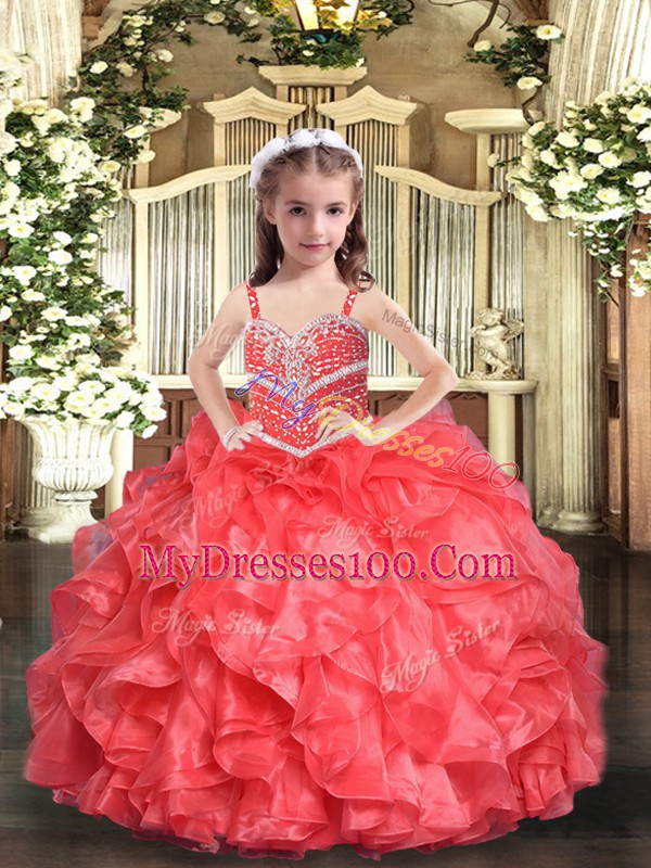 Coral Red Straps Neckline Beading and Ruffles Little Girl Pageant Gowns Sleeveless Lace Up