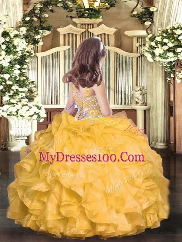 Coral Red Straps Neckline Beading and Ruffles Little Girl Pageant Gowns Sleeveless Lace Up