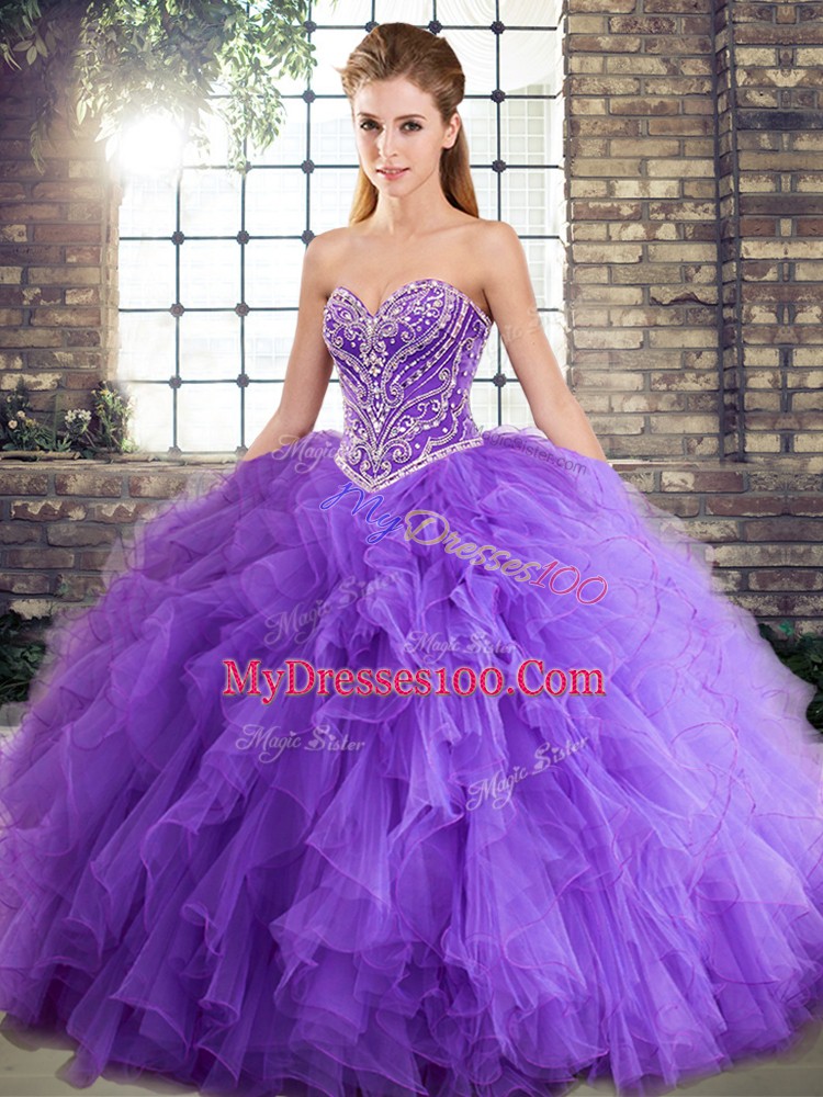 Lavender Tulle Lace Up Quince Ball Gowns Sleeveless Floor Length Beading and Ruffles