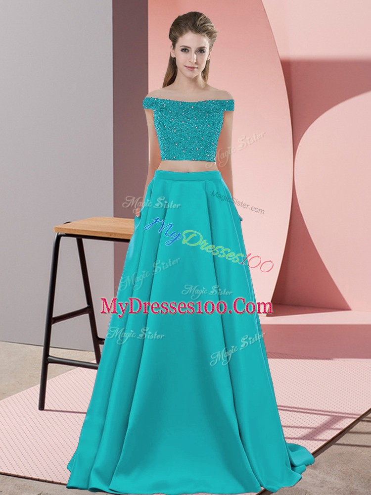 Stunning Teal Homecoming Dress Elastic Woven Satin Sweep Train Sleeveless Beading