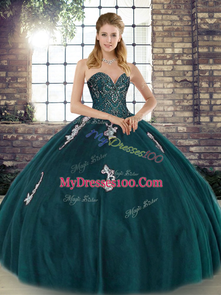 Modern Ball Gowns 15 Quinceanera Dress Peacock Green Sweetheart Tulle Sleeveless Floor Length Lace Up