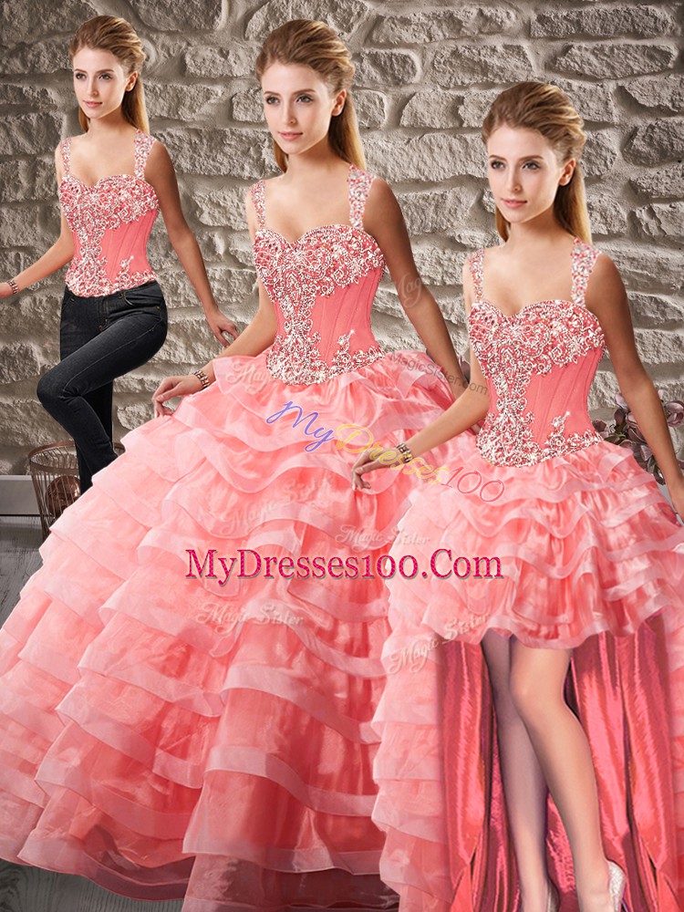 Best Selling Sleeveless Beading and Ruffled Layers Lace Up Quince Ball Gowns with Watermelon Red Court Train