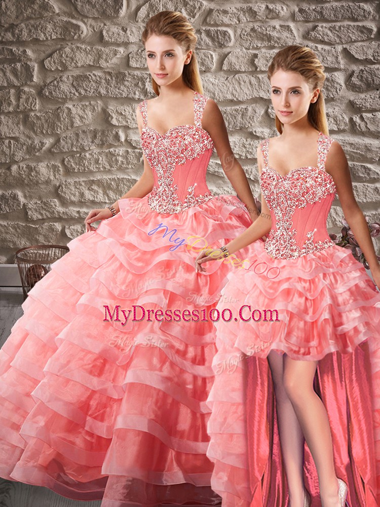 Best Selling Sleeveless Beading and Ruffled Layers Lace Up Quince Ball Gowns with Watermelon Red Court Train