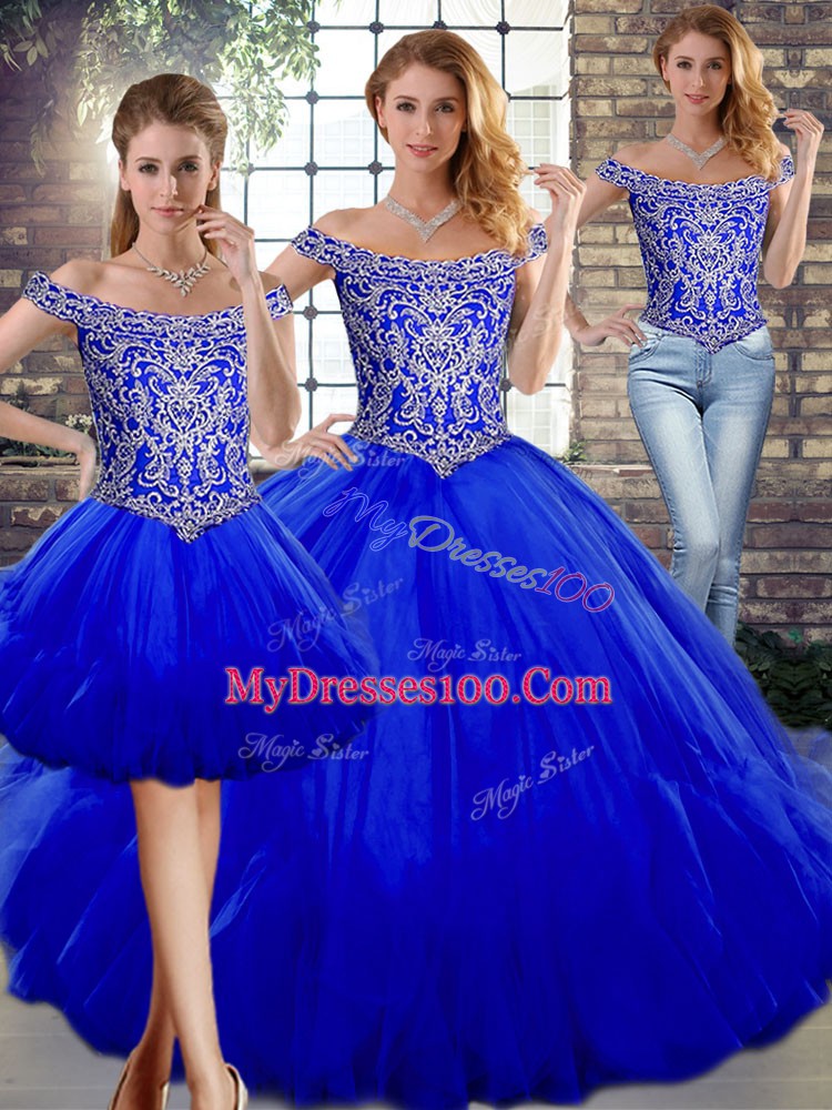 Royal Blue Sleeveless Beading and Ruffles Floor Length Sweet 16 Dresses