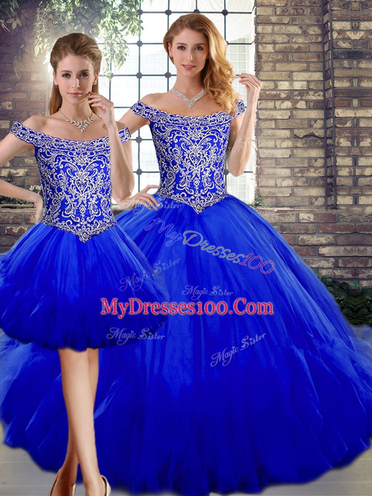 Royal Blue Sleeveless Beading and Ruffles Floor Length Sweet 16 Dresses