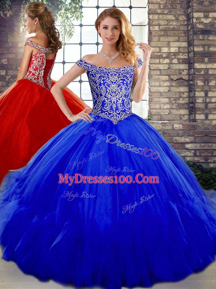 Royal Blue Sleeveless Beading and Ruffles Floor Length Sweet 16 Dresses