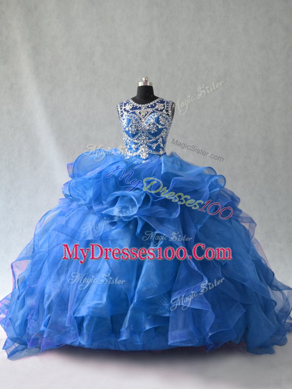 Elegant Organza Sleeveless Floor Length Quince Ball Gowns and Beading and Ruffles