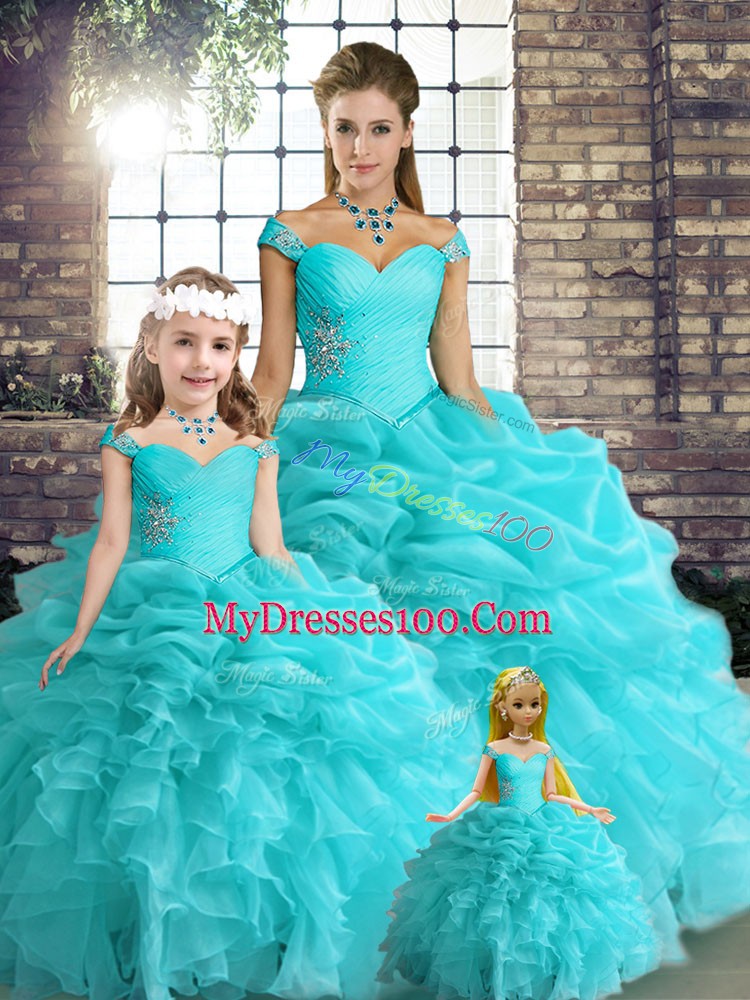 Aqua Blue Organza Lace Up Off The Shoulder Sleeveless Floor Length Sweet 16 Dress Beading and Ruffles and Pick Ups