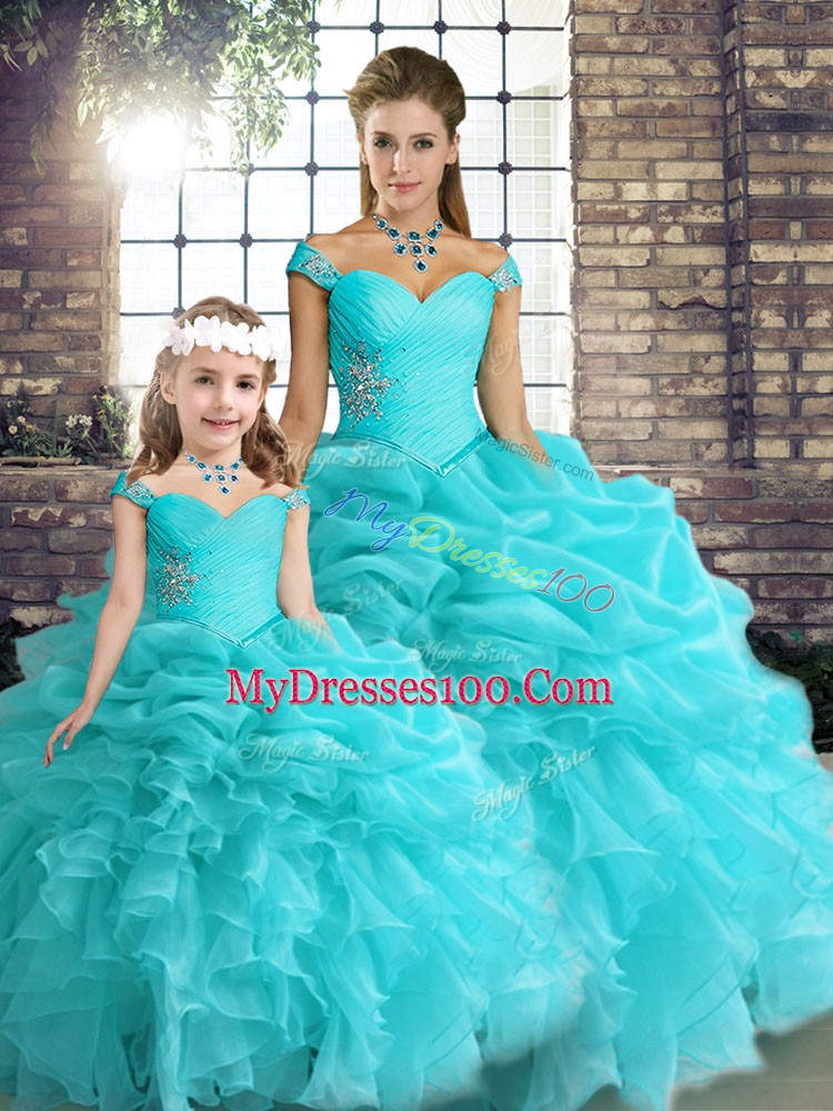 Aqua Blue Organza Lace Up Off The Shoulder Sleeveless Floor Length Sweet 16 Dress Beading and Ruffles and Pick Ups