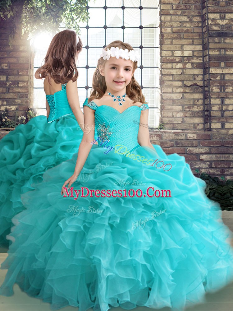Aqua Blue Organza Lace Up Off The Shoulder Sleeveless Floor Length Sweet 16 Dress Beading and Ruffles and Pick Ups