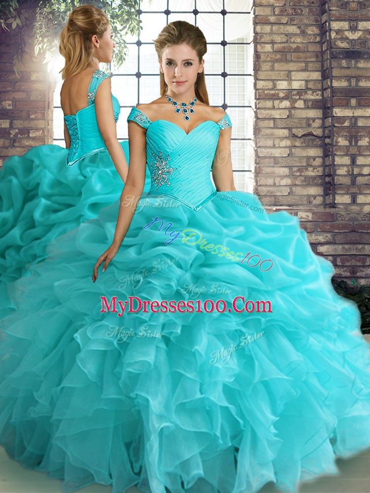 Aqua Blue Organza Lace Up Off The Shoulder Sleeveless Floor Length Sweet 16 Dress Beading and Ruffles and Pick Ups