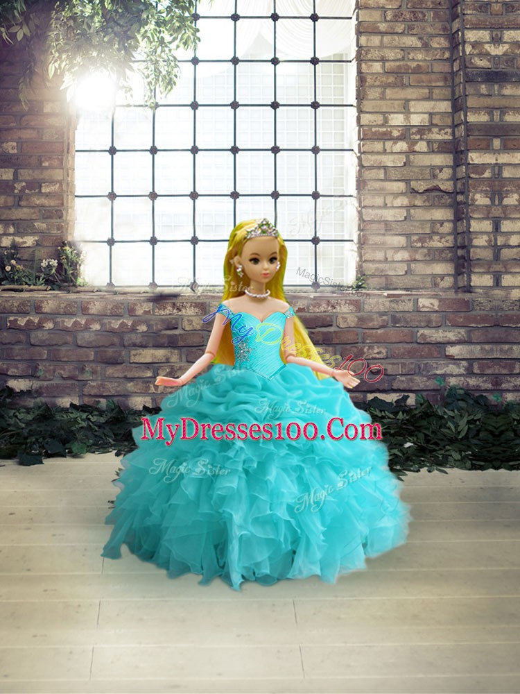 Aqua Blue Organza Lace Up Off The Shoulder Sleeveless Floor Length Sweet 16 Dress Beading and Ruffles and Pick Ups