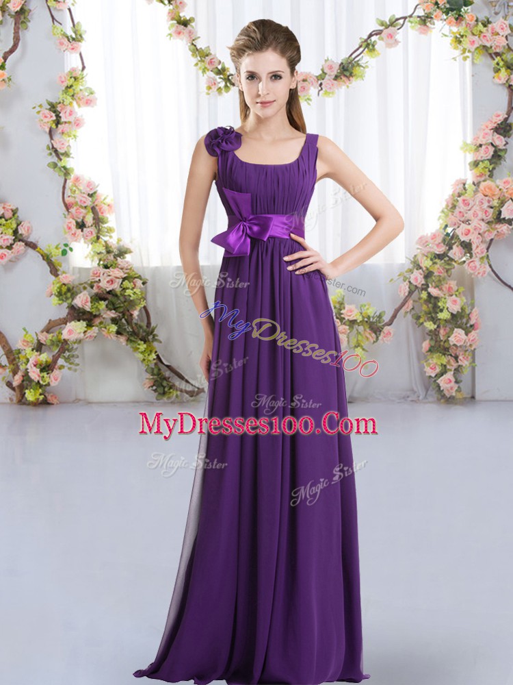 Purple Empire Chiffon Straps Sleeveless Belt and Hand Made Flower Floor Length Zipper Damas Dress