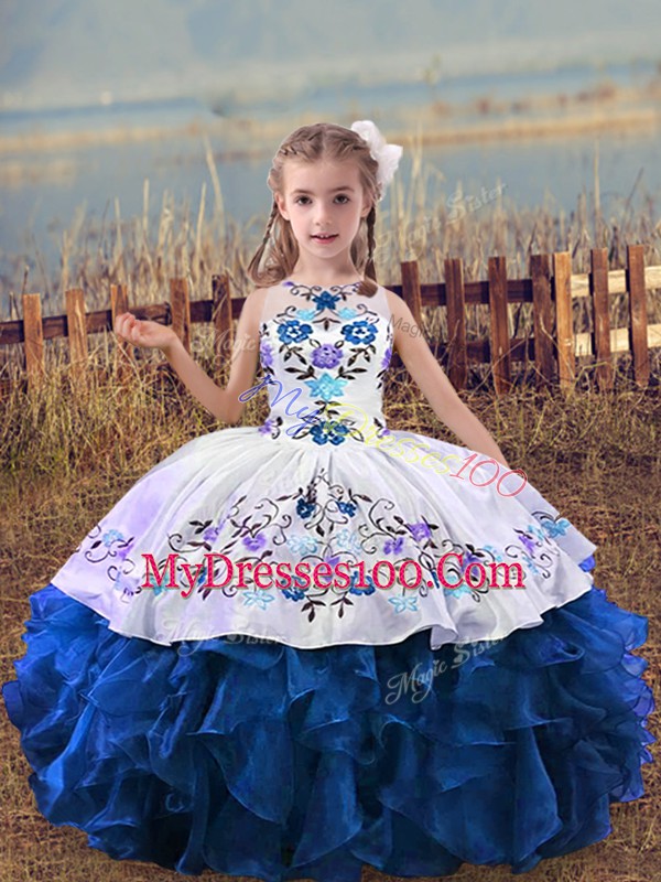 Sleeveless Floor Length Embroidery and Ruffles Lace Up Kids Formal Wear with Blue