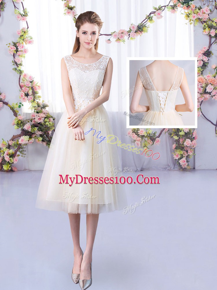 Custom Designed Lace Bridesmaid Dress Champagne Lace Up Sleeveless Tea Length