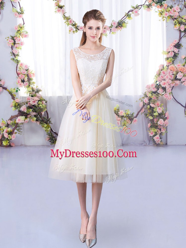 Custom Designed Lace Bridesmaid Dress Champagne Lace Up Sleeveless Tea Length