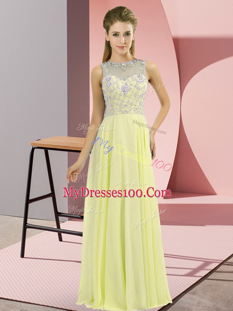 Custom Made Yellow Empire Beading Party Dresses Zipper Chiffon Sleeveless Floor Length