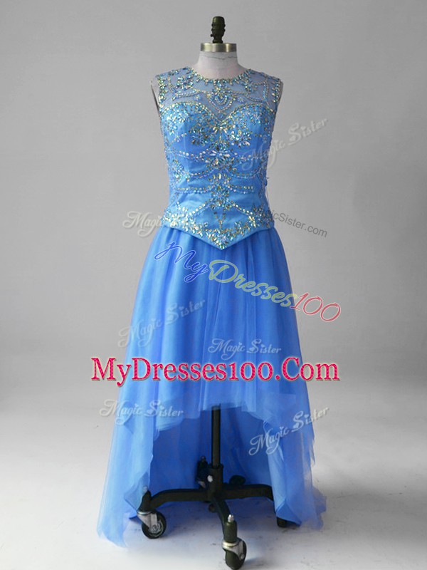 Great Blue Empire Scoop Sleeveless Tulle High Low Brush Train Lace Up Beading Prom Party Dress