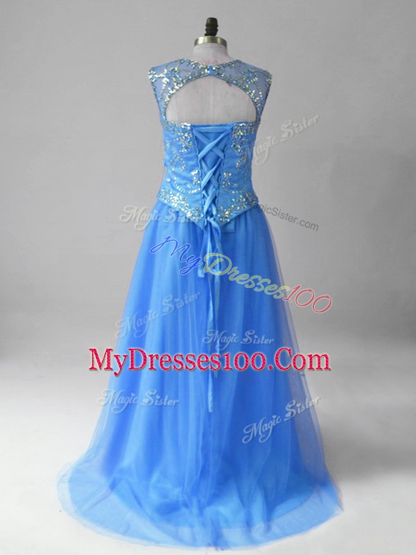 Great Blue Empire Scoop Sleeveless Tulle High Low Brush Train Lace Up Beading Prom Party Dress