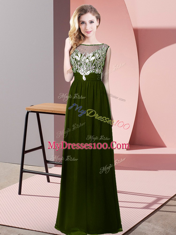 Olive Green Chiffon Backless Scoop Sleeveless Floor Length Prom Evening Gown Beading