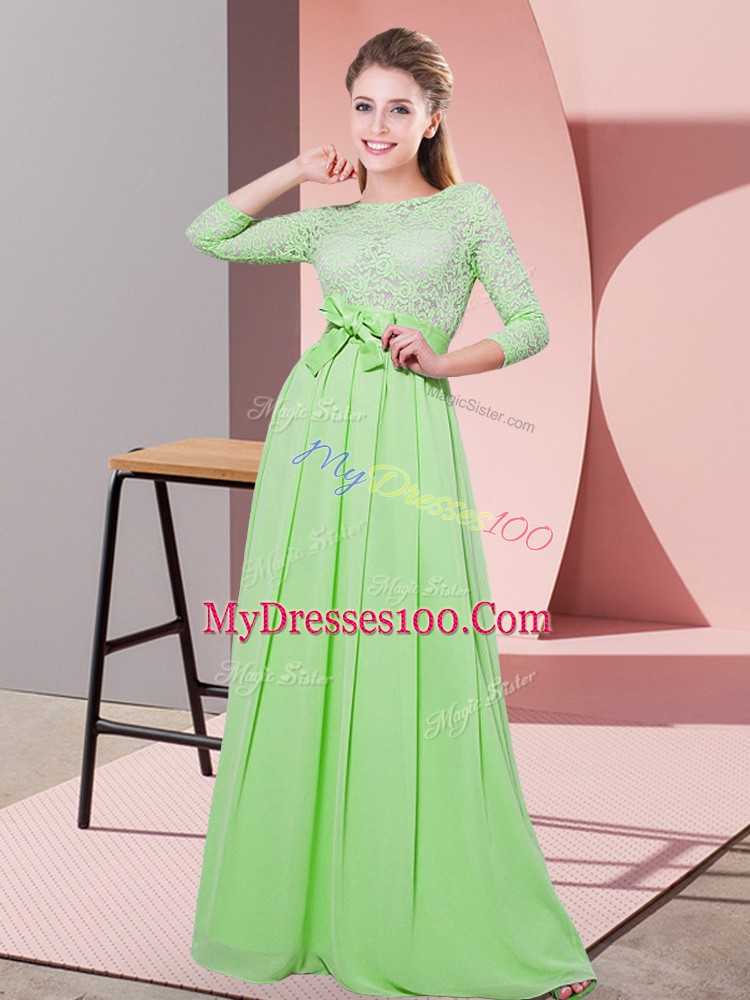 3 4 Length Sleeve Side Zipper Floor Length Lace and Belt Bridesmaid Dress