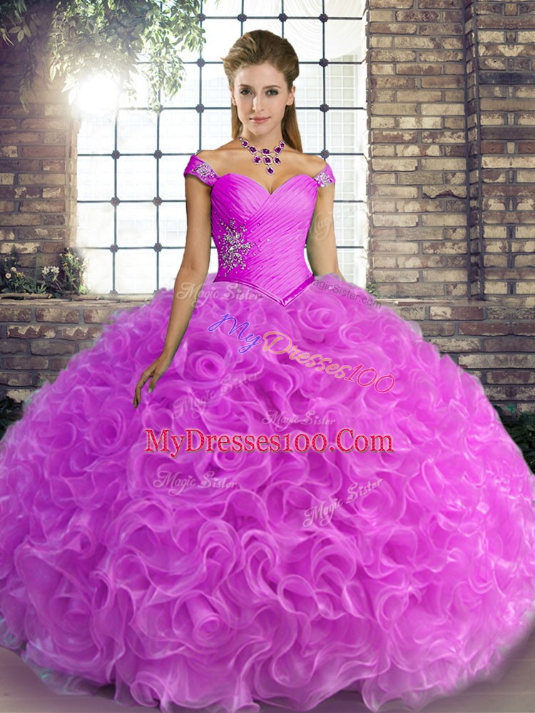 Fantastic Off The Shoulder Sleeveless Lace Up 15 Quinceanera Dress Lilac Fabric With Rolling Flowers