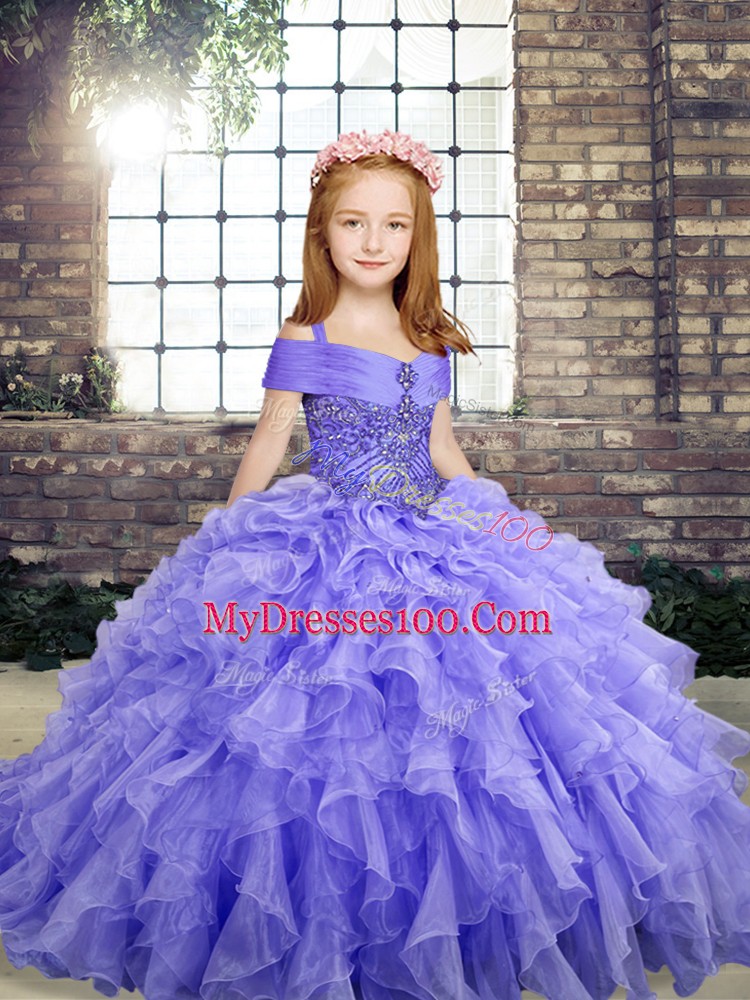 Popular Lavender Sleeveless Organza Lace Up Little Girls Pageant Gowns for Party and Military Ball and Wedding Party