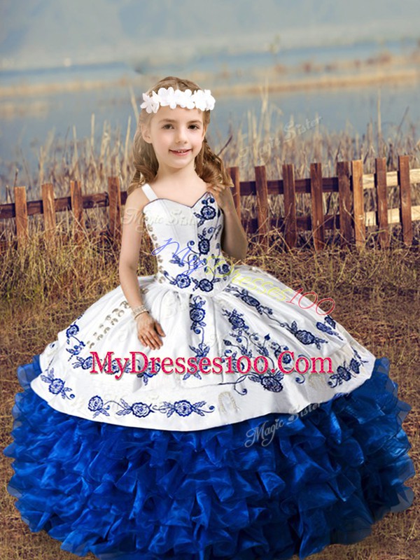 Royal Blue Sleeveless Floor Length Embroidery and Ruffles Lace Up Little Girl Pageant Dress