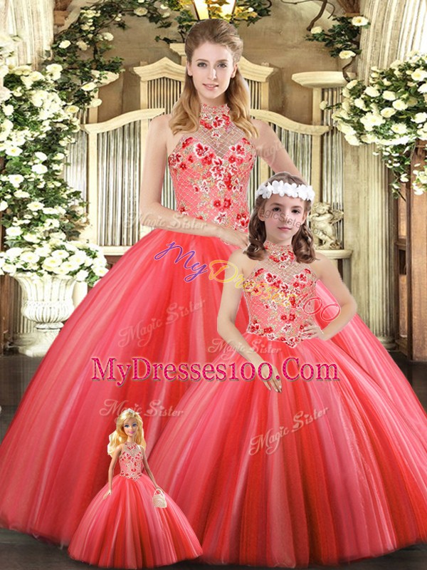 Ideal Sleeveless Floor Length Embroidery Lace Up Quinceanera Dress with Coral Red