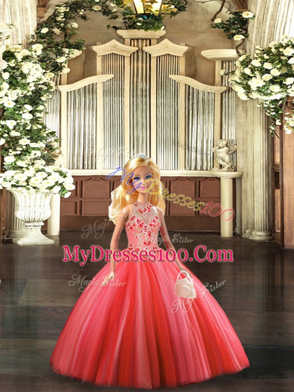 Ideal Sleeveless Floor Length Embroidery Lace Up Quinceanera Dress with Coral Red